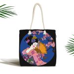 Çiçek Desenli Yelpazeli Japon Kız Motifli Kumaş Plaj Çantası Realhomes