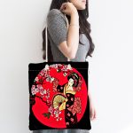 Çiçek Desenli Yelpazeli Japon Kız Motifli Modern Kumaş Plaj Çantası Realhomes