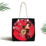 Çiçek Desenli Yelpazeli Japon Kız Motifli Modern Kumaş Plaj Çantası Realhomes