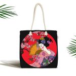 - Canta-5797siyah - Realhomes Çiçek Desenli Yelpazeli Japon Kız Motifli Modern Kumaş Plaj Çantası Realhomes