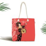 Prenses Pembe Zeminli Yelpazeli Kadın Desenli Kumaş Plaj Çantası Realhomes