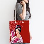 Kırmızı Zeminli Pembe Yelpazeli Japon Kız Dijital Baskılı Kumaş Plaj Çantası Realhomes