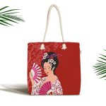Kırmızı Zeminli Pembe Yelpazeli Japon Kız Dijital Baskılı Kumaş Plaj Çantası Realhomes