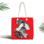 - Canta-5804 - Realhomes Kırmızı Zeminde Gri Japon Kız Motifli Kumaş Plaj Çantası Realhomes