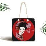 - Canta-5808 - Realhomes Siyah ve Kırmızı Zeminde Papatya Tasarımlı Japon Kız Kumaş Plaj Çantası Realhomes
