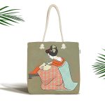 - Canta-5816 - Realhomes Gri Zeminde Yazı Yazan Japon Kadın Desenli Kumaş Plaj Çantası Realhomes