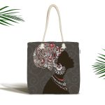 - Canta-5825 - Realhomes Gri Zemin Desenli Siyahi Kadın Motifli Kumaş Plaj Çantası Realhomes