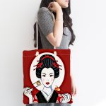 - Canta-5843-1 - Realhomes Suşi Yiyen Japon Kız Motifli Kumaş Plaj Çantası Realhomes