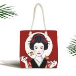 - Canta-5843 - Realhomes Suşi Yiyen Japon Kız Motifli Kumaş Plaj Çantası Realhomes