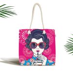 Pembe Zeminde Havai Fişek Figürlü Gözlüklü Fashion Girl Modern Kumaş Plaj Çantası Realhomes