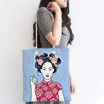 - Canta-5851-1 - Realhomes İnci Kolyeli Japon Kadın Dijital Baskılı Modern Kumaş Plaj Çantası Realhomes