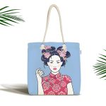 - Canta-5851 - Realhomes İnci Kolyeli Japon Kadın Dijital Baskılı Modern Kumaş Plaj Çantası Realhomes