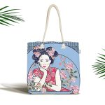 İnci Kolyeli Japon Kadın Dijital Baskılı Modern Kumaş Plaj Çantası Realhomes