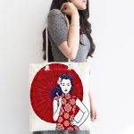 Sırtında Kırmızı Şemsiyeli Japon Kadın Motifli Kumaş Plaj Çantası Realhomes