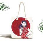 Sırtında Kırmızı Şemsiyeli Japon Kadın Motifli Kumaş Plaj Çantası Realhomes