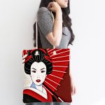 - Canta-5863-1 - Realhomes Kırmızı Temalı Japon Kadın Motifli Kumaş Plaj Çantası Realhomes