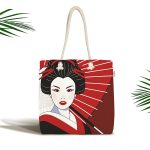 - Canta-5863 - Realhomes Kırmızı Temalı Japon Kadın Motifli Kumaş Plaj Çantası Realhomes