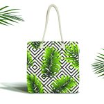 - Canta-6063 - Realhomes Siyah Beyaz Geometrik Zeminli Tropik Yaprak Motifli Kumaş Plaj Çantası Realhomes