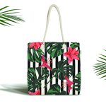 - Canta-6067 - Realhomes Siyah Beyaz Çizgili Tropik Yaprak Tasarımlı Kumaş Plaj Çantası Realhomes