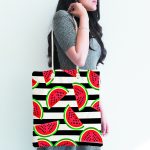 - Canta-6234-1 - Realhomes Siyah Beyaz Çizgili Karpuz Tasarımlı Kumaş Plaj Çantası Realhomes