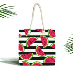 - Canta-6234 - Realhomes Siyah Beyaz Çizgili Karpuz Tasarımlı Kumaş Plaj Çantası Realhomes