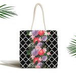 - Canta-6458 - Realhomes Siyah Zeminde Geometrik Örgü Üzerinde Gül Tasarımlı Kumaş Plaj Çantası Realhomes