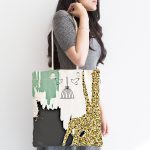- Canta-7003-1 - Realhomes Kafes Ve Kuş Motifli Gold Modern Motifler Dijital Baskılı Kumaş Plaj Çantası Realhomes