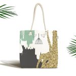 - Canta-7003 - Realhomes Kafes Ve Kuş Motifli Gold Modern Motifler Dijital Baskılı Kumaş Plaj Çantası Realhomes