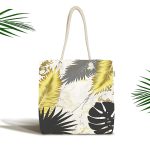 Mermer Zeminli Gold Ve Siyah Yapraklar Dijital Baskılı Kumaş Plaj Çantası Realhomes