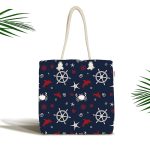 Lacivert Zeminli Renkli Yunus Desenli Dijital Baskılı Kumaş Plaj Çantası Realhomes