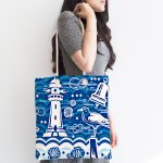 Mavi Beyaz Zeminli Yelken Desenli Dijital Baskılı Kumaş Plaj Çantası Realhomes