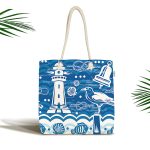Mavi Beyaz Zeminli Yelken Desenli Dijital Baskılı Kumaş Plaj Çantası Realhomes