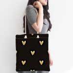 - Canta-7116-1 - Realhomes Siyah Zeminde Gold Puantiyeli Dijital Baskılı Kumaş Plaj Çantası Realhomes