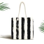 Beyaz Zeminli Siyah Renkli Çizgi Dijital Baskılı Kumaş Plaj Çantası Realhomes