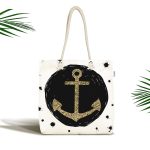 - Canta-7133 - Realhomes Siyah Zemin Üzerinde Gold Çapa Desenli Dijital Baskılı Kumaş Plaj Çantası Realhomes