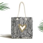 Siyah Onedraw Çizimli Gold Renkli Kalp Desenli Dijital Baskılı Kumaş Plaj Çantası Realhomes