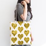 Beyaz Zeminli Gold Renkli Kalp Desenli Dijital Baskılı Kumaş Plaj Çantası Realhomes