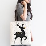 - Canta-7149-1 - Realhomes Beyaz Zeminde Siyah Renkli Geyik Desenli Dijital Baskılı Kumaş Plaj Çantası Realhomes