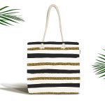 - Canta-7152 - Realhomes Beyaz Zemin Üzerinde Gold Ve Siyah Renkli Çizgiler Dijital Baskılı Kumaş Plaj Çantası Realhomes