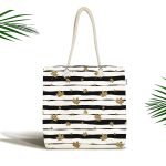 - Canta-7164 - Realhomes Siyah Beyaz Zeminli Gold Yaprak Desenli Dijital Baskılı Kumaş Plaj Çantası Realhomes