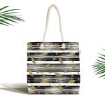 - Canta-7166 - Realhomes Siyah Beyaz Zeminli Gold Yaprak Desenli Dijital Baskılı Kumaş Plaj Çantası Realhomes