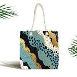 Siyah Beyaz Zeminde Gold Detaylı Renkli Çizim Dijital Baskılı Kumaş Plaj Çantası Realhomes