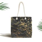 Gri Siyah Zemin Üzerinde Gold Detaylı Çizim Desenli Dijital Baskılı Kumaş Plaj Çantası Realhomes