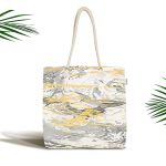 Gri Zemin Üzerinde Gold Detaylı Soft Çizim Desenli Dijital Baskılı Kumaş Plaj Çantası Realhomes