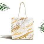 - Canta-7194 - Realhomes Gri Beyaz Zemin Üzerinde Gold Detaylı Çizim Desenli Dijital Baskılı Kumaş Plaj Çantası Realhomes