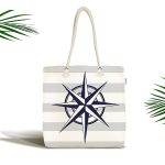 - Canta-7202 - Realhomes Gri Beyaz Zeminde Pusula Desenli Dijital Baskılı Kumaş Plaj Çantası Realhomes