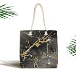Siyah Zeminde Gold Renkli Çizim Desenli Dijital Baskılı Kumaş Plaj Çantası Realhomes