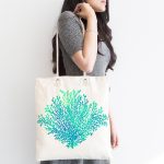 Beyaz Zeminde Yeşil Renkli Su Yosunu Desenli Dijital Baskılı Kumaş Plaj Çantası Realhomes