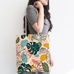 - Canta-7249-1 - Realhomes Pudra Zemin Üzerinde Onedraw Çizimli Yaprak Desenli Dijital Baskılı Kumaş Plaj Çantası Realhomes