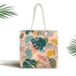 - Canta-7249 - Realhomes Pudra Zemin Üzerinde Onedraw Çizimli Yaprak Desenli Dijital Baskılı Kumaş Plaj Çantası Realhomes